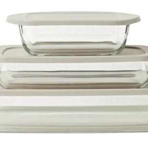 Amazon Basics Glass Baking Dishes with BPA-Free Lids, 6-Piece Set, Borosilicate Glass, Dishwasher and Oven-Safe, Linen Gray