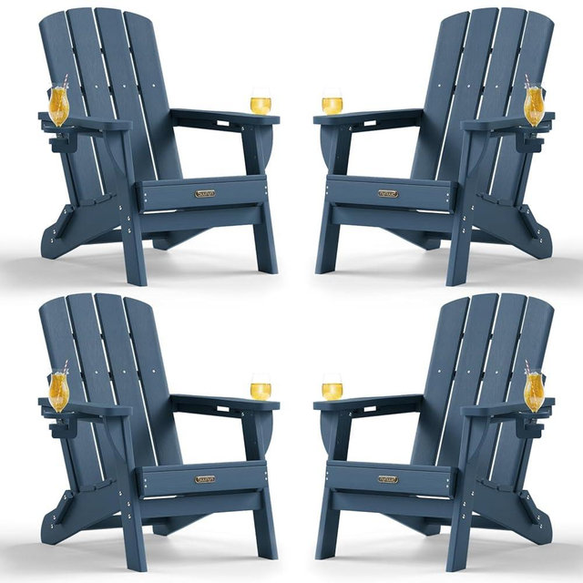 SUUNYN Folding Adirondack Chair 4 Pack, HDPE All-Weather Fire Pit Chairs, Plastic Adirondack Chairs with 2 Cup Holder, Outdoor Lawn Chair for Patio Garden (New Blue)