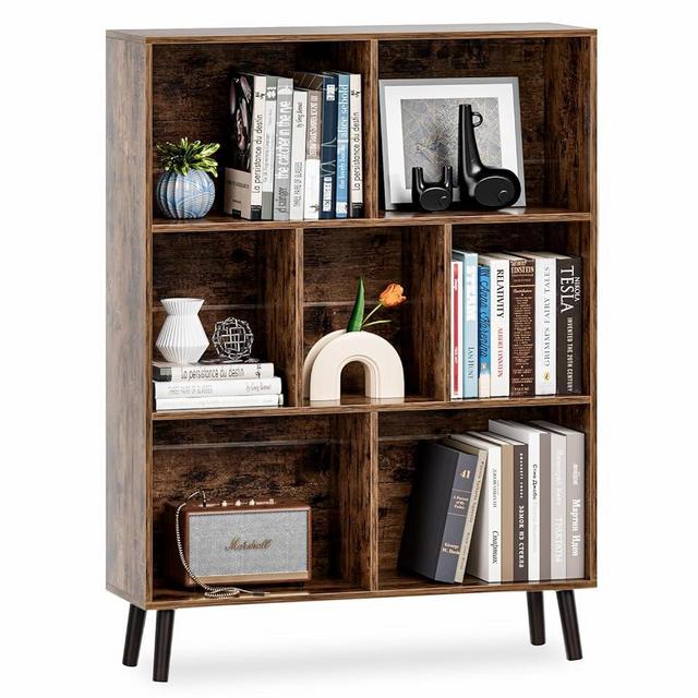 APPOLYN Cube Bookshelf, 3-Tier Floor Standing Display Cabinet Rack with Legs, 7 Cubes Bookcase, Modern Bookcase with Cubby Storage, Open Book Shelves for Bedroom, Living Room, Office, Vintage