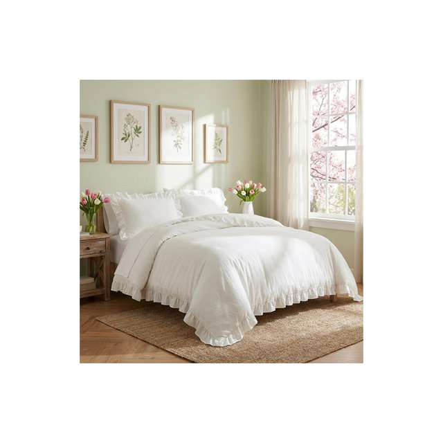 Ruffled Comforter Set & Sham Set Queen, Soft Microfiber Fabric Bedding Set for Bedroom Home Decor, White