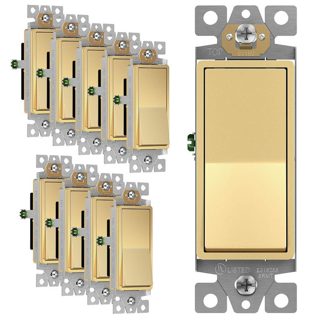 ENERLITES Elite Series Decorator Rocker Light Switch, 15A 120V/277V, Gloss Finish, Single Pole, 3 Wire, Grounding Screw, Residential Grade, UL Listed, 91150-GD, Gold Color (10 Pack)