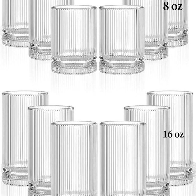 megarte Clear Ribbed Glassware Vintage Drinking Glasses - 12 Oz Glassware Set of 12 Highball Origami Style Fluted Vertical Stripes Tumblers Juice Drinking Cups Dishwasher Safe