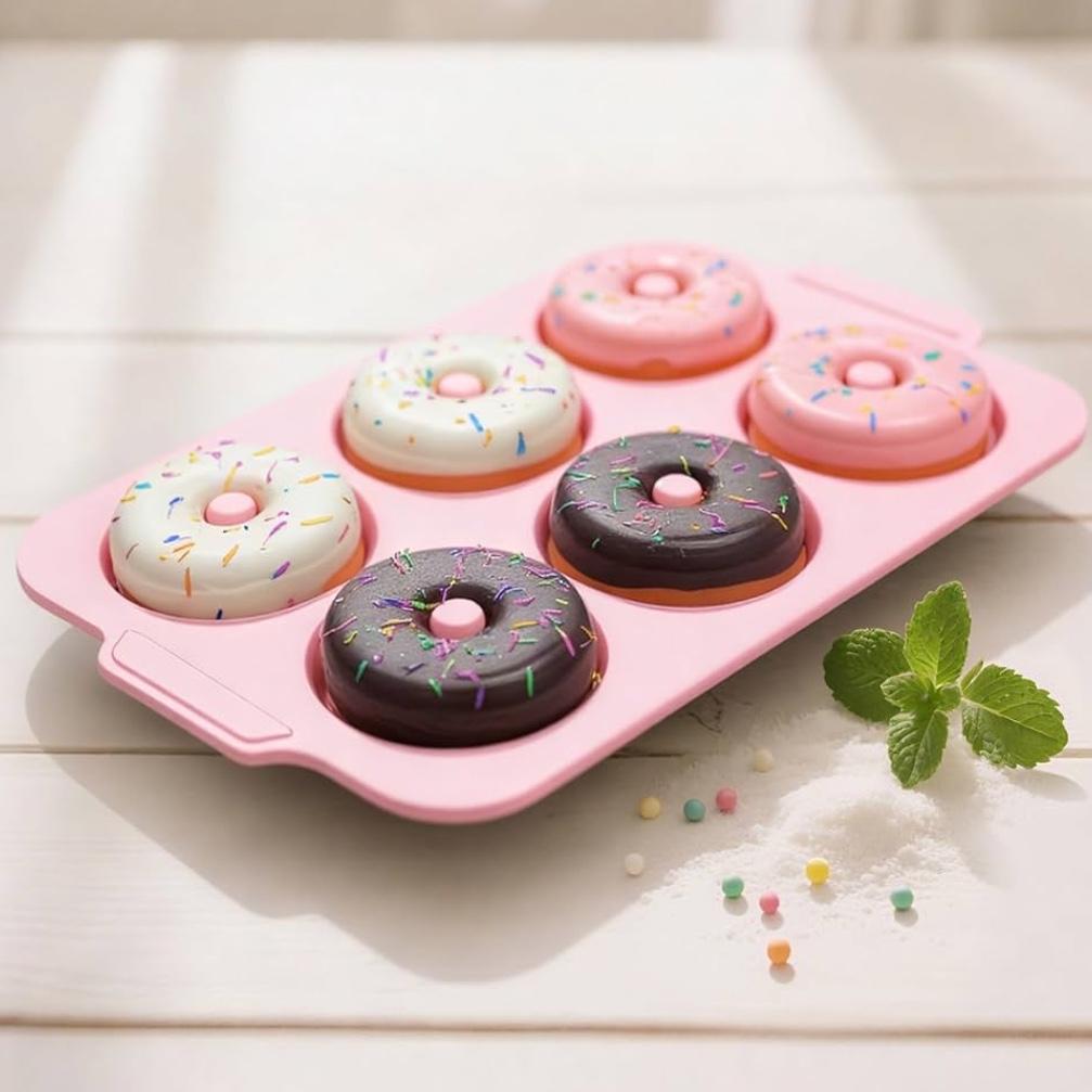 3.5 Inch Nonstick Silicone Donut Pan for Baking with Metal Frame, 1 Pack Donut Molds for Baking, 6 Cavity Doughnut Pan for Oven and Bagel Trays Non Toxic with Handle (Pink)