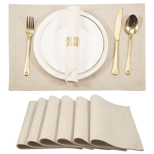 SLKQG Cloth Placemats Set of 6 - Double Thickened Easy to Clean Linen Style Fabric Placemats - Machine Washable Placemats- Heat Resistant Non-Slip Table Mats - 17.7x11.8 Inch(Beige, 6)