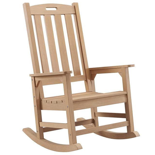 Psilvam Patio Rocking Chair, Poly Lumber Porch Rocker with High Back, 350Lbs Support Rocking Chairs for Both Outdoor and Indoor, Poly Rocker Chair Looks Like Real Wood (Teak Color)