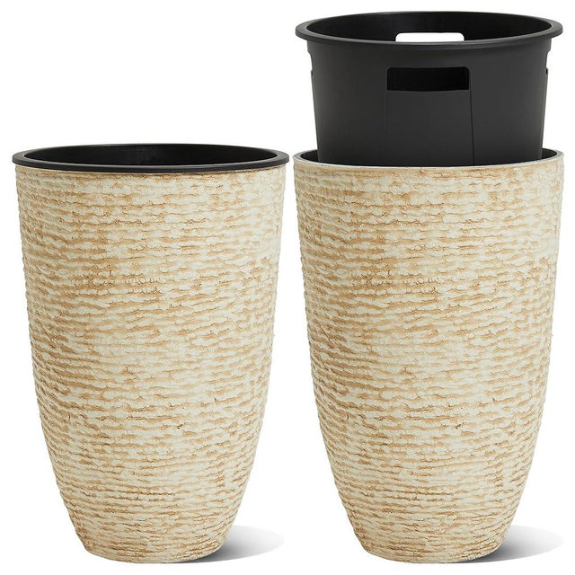 Worth Garden 2-Pack 21" H. Beige Tall Planters with Inside Pots - 14'' Dia Plastic Large Round Plant Tree Pots - Decorative Imitation Stone Finish for Indoor Outdoor Front Porch Container Patio
