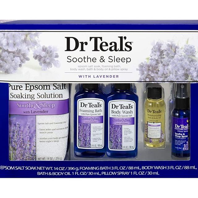 Dr Teal's Lavender Soothe & Sleep Full Regimen 5-piece Gift Set (Epsom Salt Soaking Solution, Foaming Bath, Body Wash, Moisturizing Bath & Body Oil, Pillow Spray)