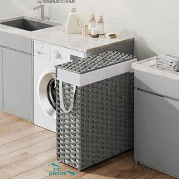 SONGMICS Slim Laundry Hamper with Lid, 14.5 Gallon (55L) Rattan Clothes Laundry Basket with Lid and Handles, Foldable, Removable Liner, Dove Gray ULCB164G01