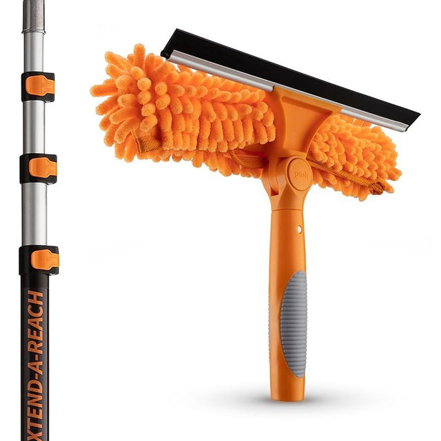 4-12 ft Window Washing Kit with Extension Pole (20+ Foot Reach) // Window Cleaning Tool & Window Washer Squeegee with Telescopic Extension Pole // Best Indoor Outdoor Window Washing Equipment