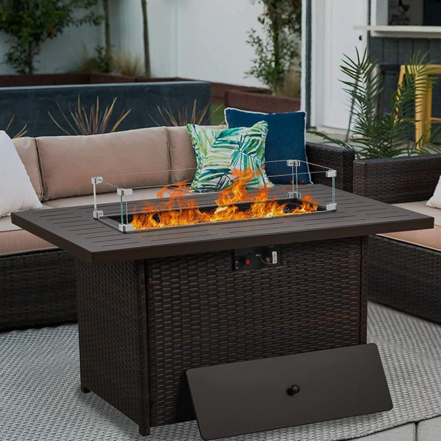 Vakollia Propane Fire Pit Table,44 Inch 55000 BTU Outdoor Gas Fire Pit Rectangular with Glass Wind Guard for Outside Patio Deck (Brown-Aluminum Top)