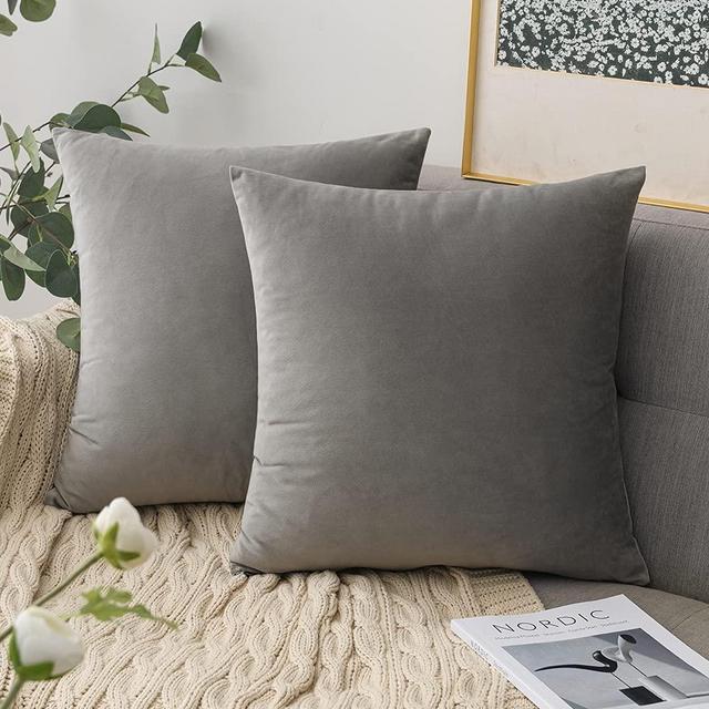 Comvi Grey Throw Pillows with Inserts Included (2 Pillow Inserts -2 Pillow Covers ) - Throw Pillows for Bed - Velvet Pillow Covers 18x18 Pillow Cover Set of 4 - Couch Pillows for Living Room