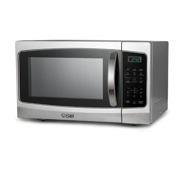 COMMERCIAL CHEF Microwave 1.3 Cu Ft with 10 Power Levels, Pull Handle Door Lock, Timer and Digital Controls, Stainless Steel