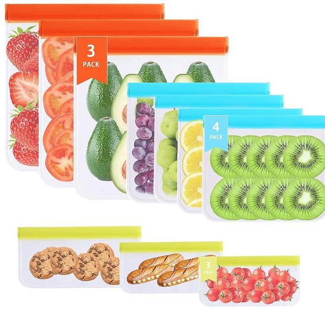 Reusable Food Storage Bags- 10 Pack Leakproof Reusable Freezer Bags (3 Reusable Gallon Bags +4 Reusable Sandwich Bags + 3 Reusable Snack Bags)，Silicone Food Bags for Meat Fruits and Vegetables.
