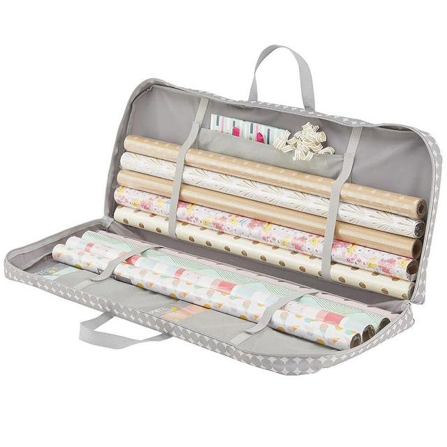 mDesign Soft Fabric Gift Wrap Storage Bag with Handles - Low Profile, Attached 2-Way Zippered Lid, Side Handles, Stores Long Rolls of Gift Wrap - Gray