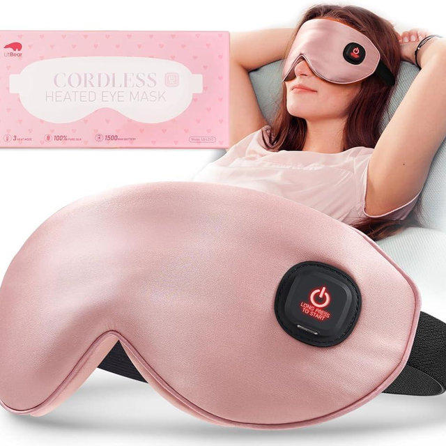 LitBear Silk Cordless Heated Eye Mask, Warm Eye Compress for Dry Eyes, Light Blocking Heat Eye Mask for Women Men, Soft Eye Heating Pad for Dry Eyes, Travel, Rechargeable, Washable Cover (Pink)