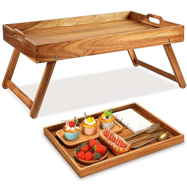 2 Pcs Acacia Low Table for Sitting on The Floor, Breakfast Tray with Legs and Handles, Folding Laptop Wooden Breakfast Serving Tray Bed Table Tray for Eating on Couch Bed for Kids, Large Size