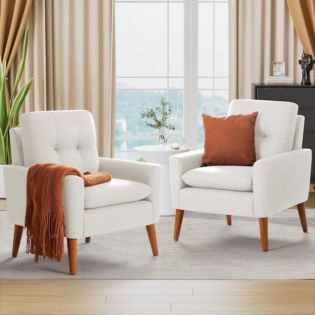 Shahoo Set of 2 Mid-Century Modern Fabric Accent Chair Upholstered Lounge Armchair with Solid Wood Frame & Soft Cushion for Living Room, Bedroom, Belcony, Beige