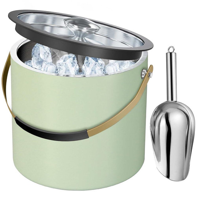 3.2L Stainless Steel Ice Bucket with Lid and Scoop, Double Wall Insulated Ice Bucket for Cocktail Bar and Parties (Mint Green)
