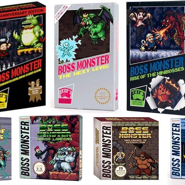 Boss Monster Card Game Bundle with All Three Base Sets, All Four Expansions, and Two Buttons