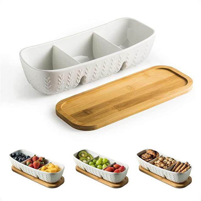 Chip and Dip Serving Set with Acacia Wood Serving Tray Porcelain Divided Platters Condiment Set Perfect for Snack Appetizer, Charcuterie, Food, Large, 11-inches Christmas Serving Trays and Platters