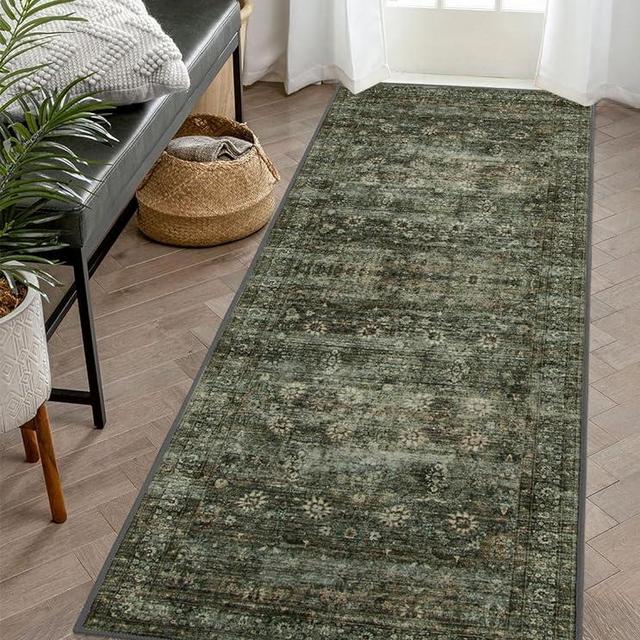 Zealude Green Washable Runner Rugs with Rubber Backing,2x6 Rug Runner Non Slip Hallway Kitchen Runner Rug,Traditional Border Printed Indoor Throw Carpet Runner for Entryway Bathroom Laundry,Green