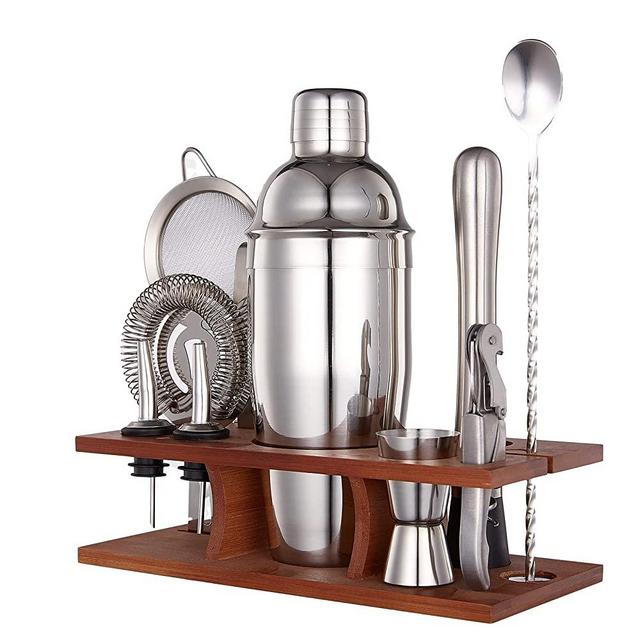 TNCO 10 PCS Cocktail Shaker Set Bartender Kit with Drinking Mixing Muddler Mixing Spoon Strainer Ice Tong Jigger Liquor Pourers Wine Opener for Your Home Bar with wooden stand