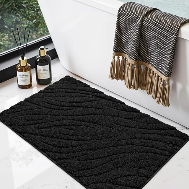 DEXI Bathroom Rugs 17x30, Extra Soft Absorbent Bath Mat, Non Slip Bathmat for Bathroom Floor, Machine Washable Rugs for Shower Floor, Black