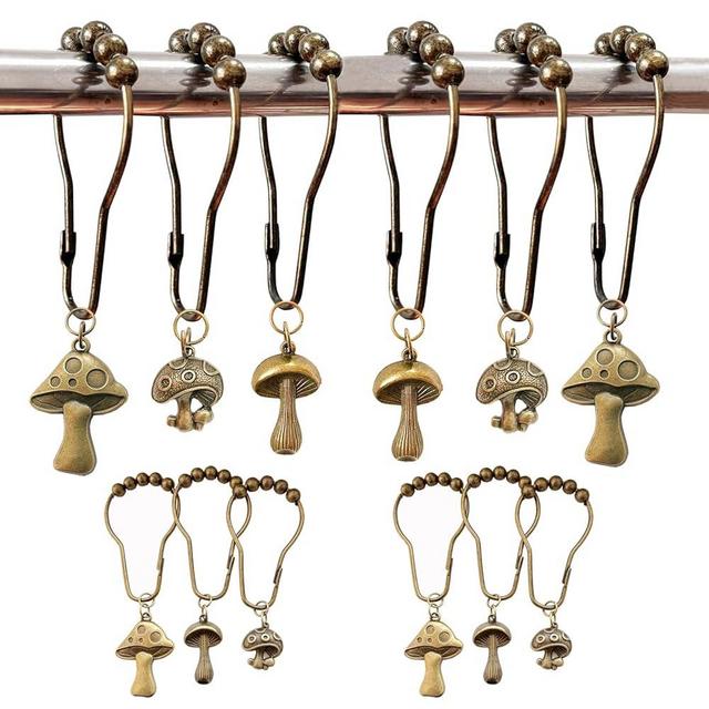 Mushroom Shower Curtain Hooks, 12Pcs Rustproof Metal Cute Retro Mushroom Shower Curtain Hooks Rings for Boho Fairy Forest Country Cottagecore Style Home Bathroom Decor (Set-Bronze)