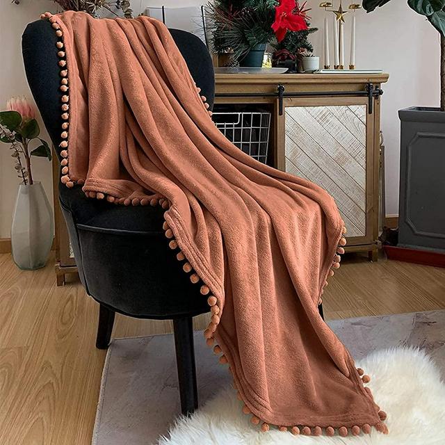 LOMAO Flannel Blanket with Pompom Fringe Lightweight Cozy Bed Blanket Soft Throw Blanket fit Couch Sofa Suitable for All Season (Caramel, 60''x 80'')