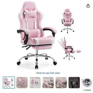 DUMOS Ergonomic Gaming Office Desk Chair with Footrest and Headrest for Adults, PU Leather Video Computer Chair with Linkage Armrests, Height Adjustable 360° Swivel Recling, White Pink