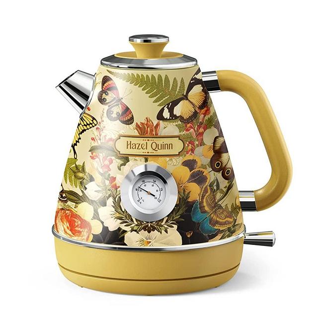 Hazel Quinn X Eduardo Recife Collaboration Electric Tea Kettle with Thermometer Dial, Fast Boil, 1.7 L Cordless Stainless Steel Retro Water Kettles, BPA-free, Auto Shut-Off, Boil-Dry Protection