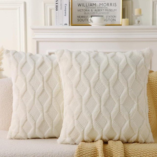 WHATWEARS 16" x 16" Decorative Throw Pillow with Inserts, Set of 2 Soft Faux Fur Throw Pillows, Square Boho Pillow for Couch, Bed, Sofa Decor, Beige