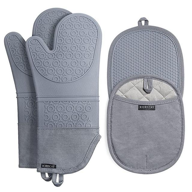 Rorecay Extra Long Oven Mitts and Pot Holders Sets: Heat Resistant Silicone Oven Mittens and Potholders for Kitchen Baking Cooking, Quilted Liner, Pack of 4, Grey