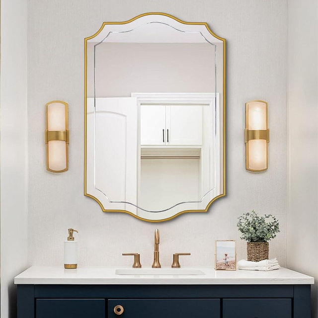 POZINO Gold Scalloped Mirror, 24"x36" Modern Rectangle Aesthetic Mirror with Wood Frame, Irregular Wavy Mirrors for Bathroom Living Room Bedroom Entryway Hallway, Hangs Vertically or Horizontally