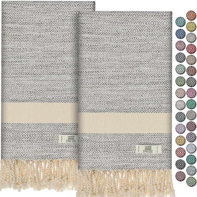 EPHESUS TOWELS Hand Towels - Set of 2 | 18" x 30" - Decorative Turkish Hand Towel for Bathroom, Kitchen, Guest, Face, Hair, Tea, Dishcloth (Diamond, Ecru)