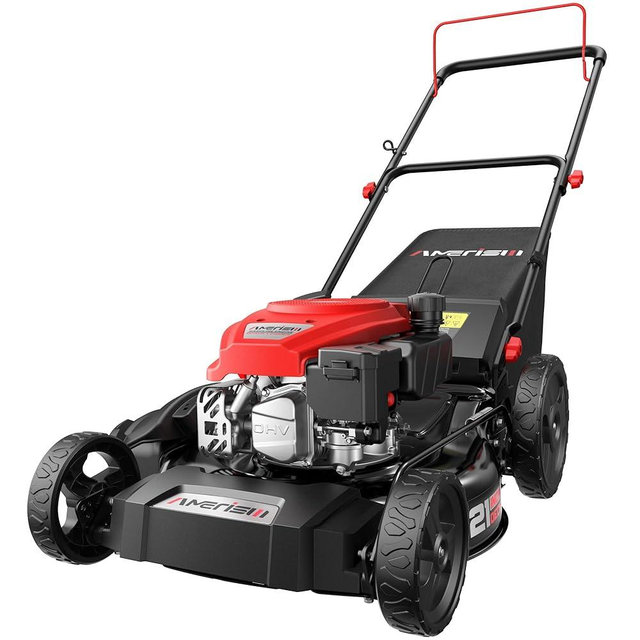 AMERISUN 21-Inch 3-in-1 Gas Push Lawn Mower with 144cc 4-Stroke OHV Engine, 6-Position Adjustable Cutting Height, Large 1.4 Bushel Grass Catcher, Side Discharge & Mulching, Lightweight Easy Storage