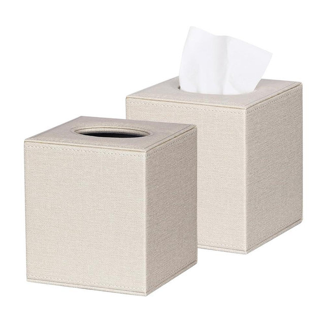 ArcaGuru 2 Pack Tissue Box Cover, Leather Tissue Box Holder, Stylish Tissue Box Holder with Magnetic Bottom, Square Tissue Box for Vanity, Toilet Tank, Counter, Night Stand, Desk, Office, Car, Beige