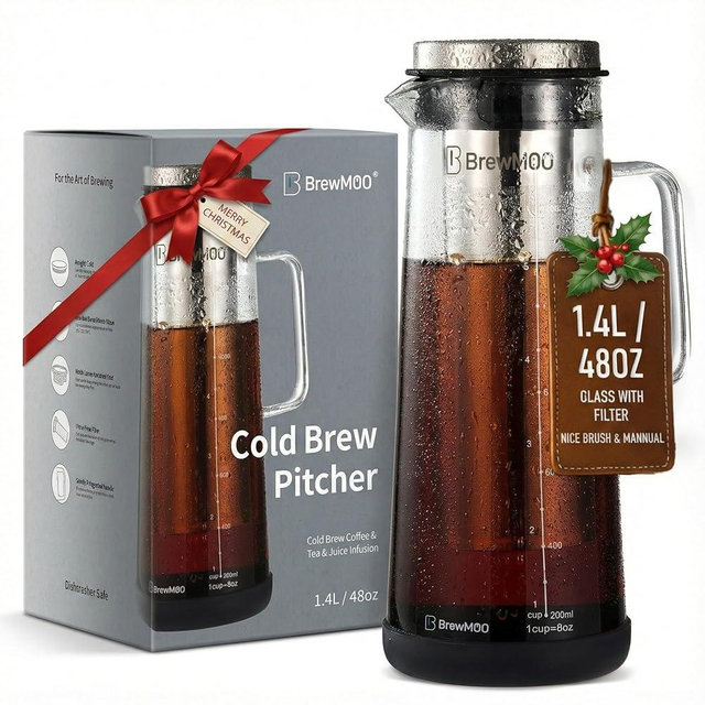 BrewMOO- Airtight Cold Brew Coffee Maker Pitcher, 1.4L/48Oz Thick Glass Carafe with Filter, Comfort Sturdy Handle & Wide Spout, Non-Slip Base | Iced Tea Maker (Black)