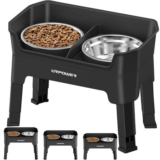 URPOWER 3-in-1 Elevated Dog Bowls - Mess Proof Double Deck 4 Height Adjustable Raised Stand with 2 Stainless Steel Food Bowls & Licking Plate for Small, Medium & Large Dogs