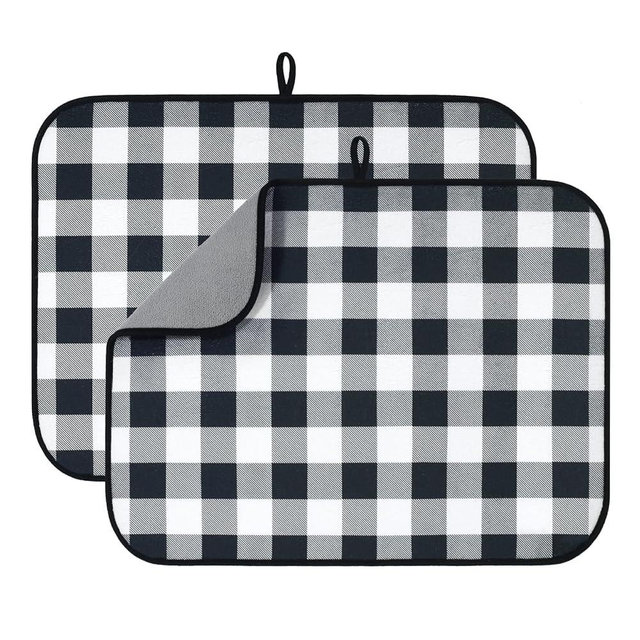 AELS XL 24" x 18" Dish Drying Mat, Set of 2, for Kitchen Counter, Buffalo Check Plaid Tartan Reversible Absorbent Microfiber Dish Drainer/Rack Pads with Hanging Loop