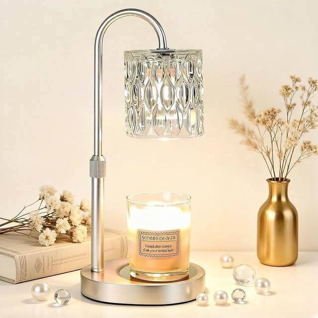Dreamholder Electric Candle Warmer Lamp with Timer, Dimmable Candle Lamp with Adjustable Height, Wax Melter for Jar Candles Wood Base Floral Home Decor Gifts for Women Mom, Silver Glass