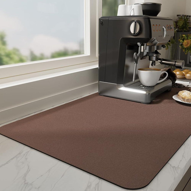 Ecotrim Absorbent Coffee Mat , Stain Hiding PU Leather Surface, Non-Slip Natural Rubber Backing, Quick Dry Mat for Espresso Machine, Kitchen Counter ,Brown | 12" x 19"