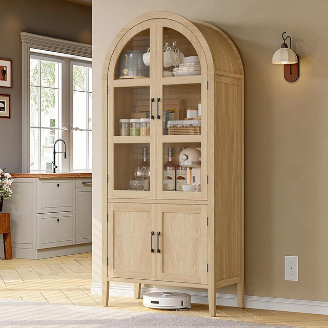 ONBRILL 71 Inch Tall Arched Cabinet, 5-Tier Arched Kitchen Pantry Cabinet with Glass Doors & Shelves, Modern Display Storage Cabinets with Adjustable Feet, Wooden Cabinet for Dining Room (Oak)