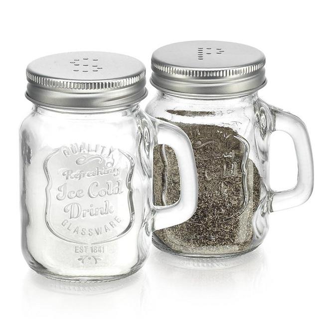 Salt and Pepper Shakers Set – Mason Jar Salt and Pepper Shakers with Stainless Steel Lids & Handles, Clear Glass Farmhouse Kitchen Decor, BPA Free, 5 oz Each, Perfect Pour for Home & Restaurant Use