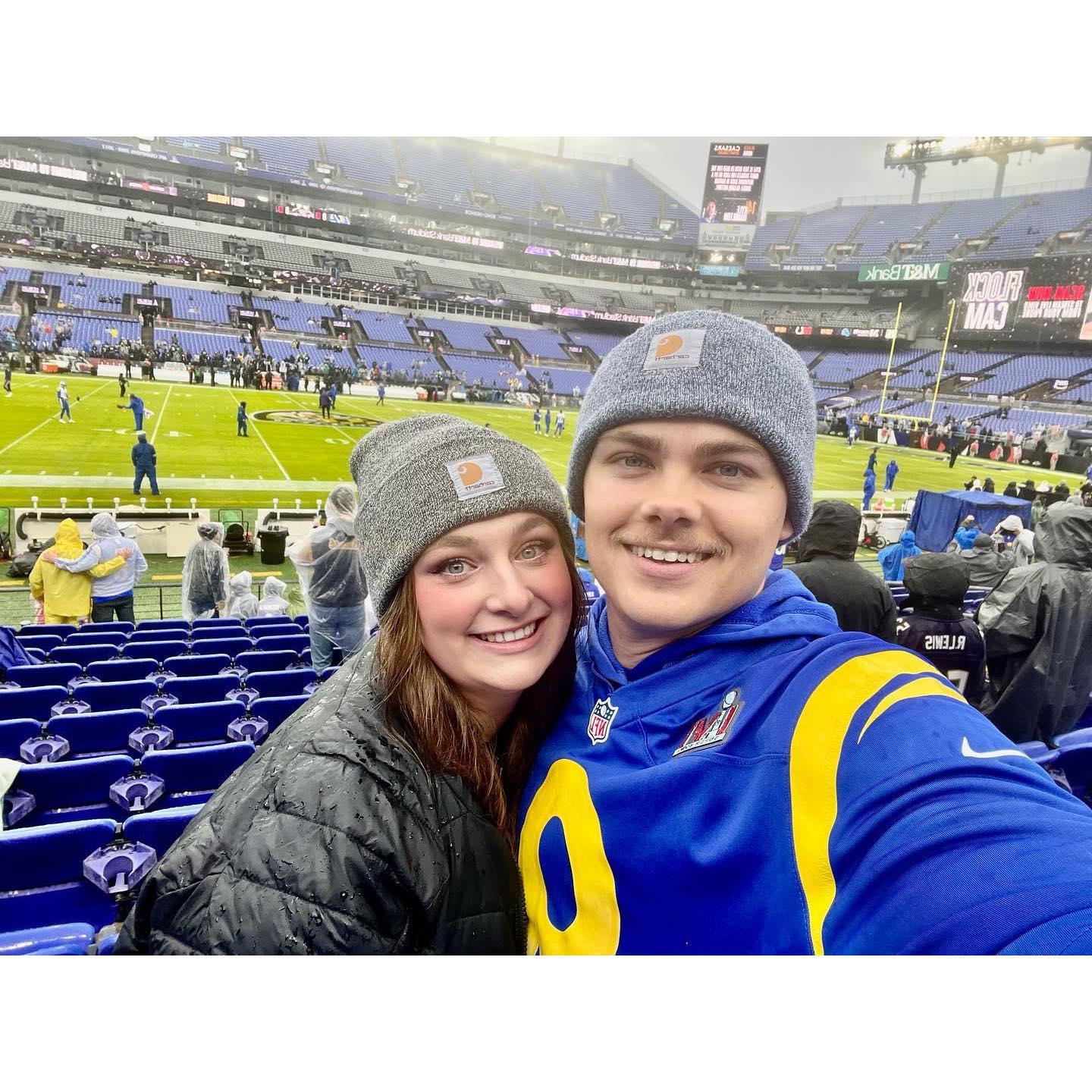 Our first Los Angeles Rams game was a rainy day in Baltimore, Maryland! 🌧️🏈💙💛