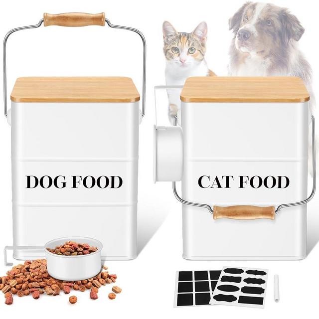 Tioncy 2 Pcs Metal Dog and Cat Food Storage Containers Big Pet Food Containers with Bamboo Lids and Spoon Airtight 5-7 Lbs Dog Cat Treat Snack Jars with DIY Labels for Kitchen Counter(White)