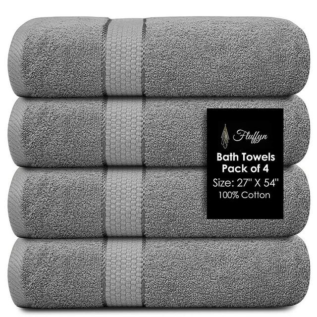 Fluffyn 100% Cotton Fancy Bath Towels -Towels for Bathroom - Eco-Friendly, Super Soft, Highly Absorbent Bath Towels - Oeko-Tex Certified - 27" x 54" Inches (Silver Grey, Bath Towels Set of 4)