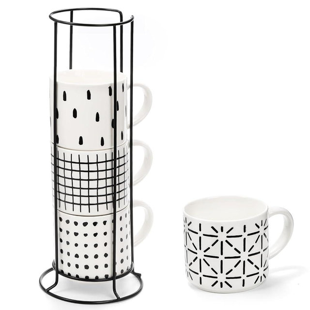 TOPZEA Set of 4 Stackable Coffee Mugs with Stand, 15 oz Ceramic Coffee Cups Set with Metal Holder Rack for Cappuccino, Espresso, Latte, Tea, Hot Cocoa, Housewarming Gifts, Geometric Texture
