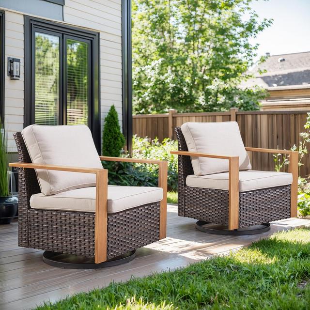 POCASSY Outdoor Swivel Chair Set of 2, Outdoor Swivel Rocker with Wood Grain Finish Square Armrest for Porch Balcony, Brown/Beige