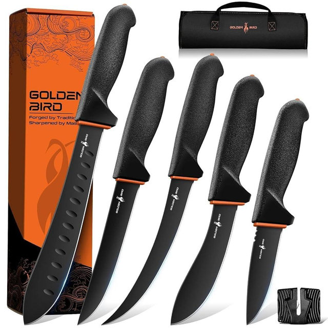 Golden Bird Butcher Knife Set - Non-slip Skinning Knife Set with Roll Bag, Professional Game Processing Knives Sets - Butcher & Skinning Boning Knives with German Stainless Steel, Gift for Men